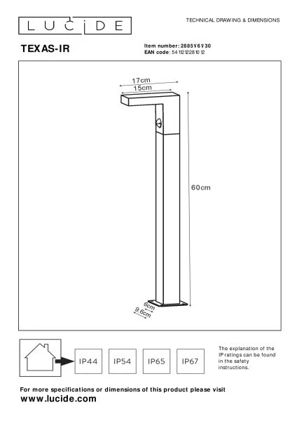 Lucide TEXAS-IR - Bollard light - LED - 1x7W 3000K - IP54 - Motion Sensor - Anthracite - technical